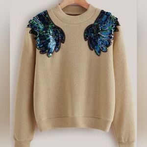 SHEIN Cream Knit Sweater with beautiful sequin shoulder wings